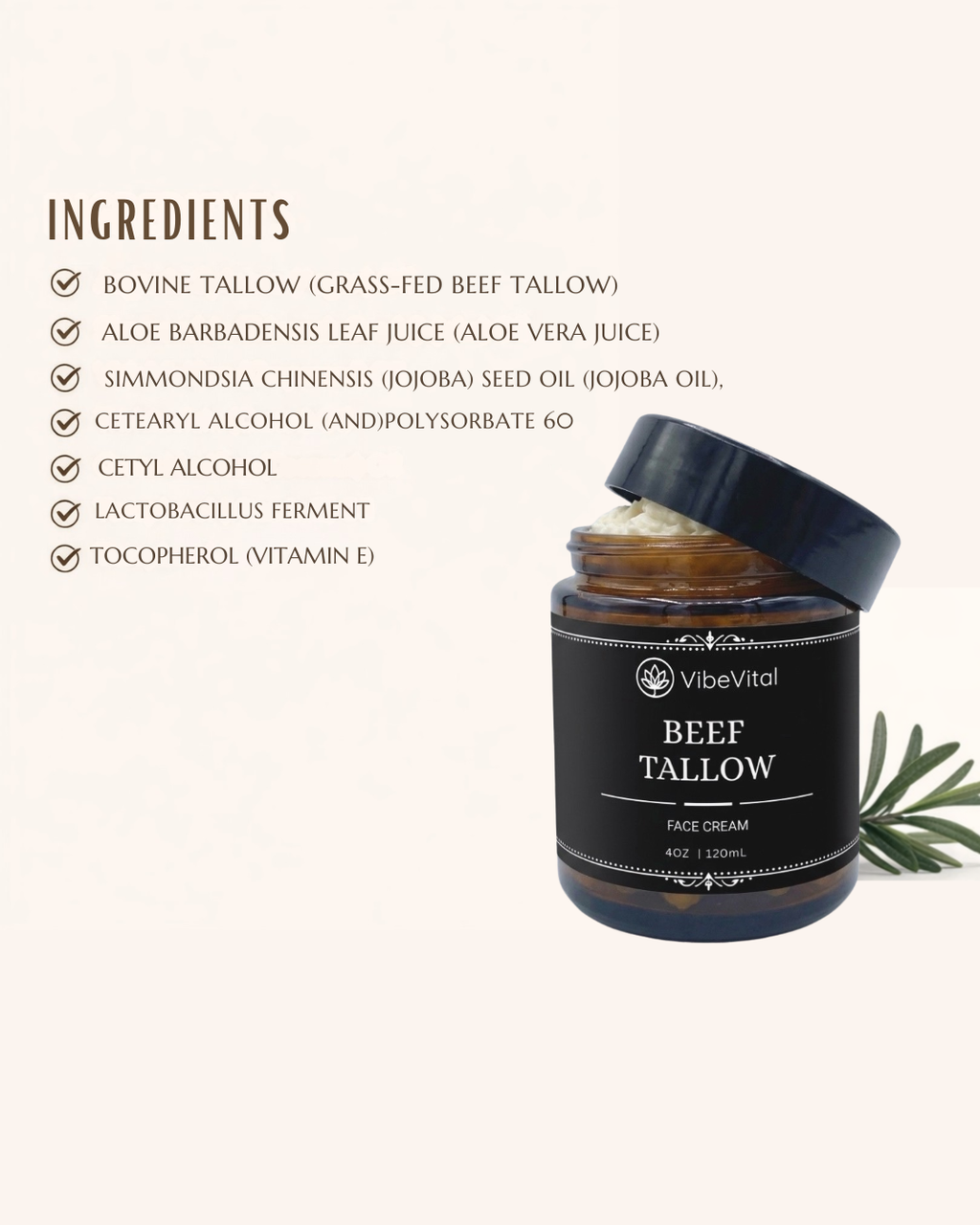 VibeVital Beef Tallow Face Cream for Deep Hydration & Skin Barrier Support