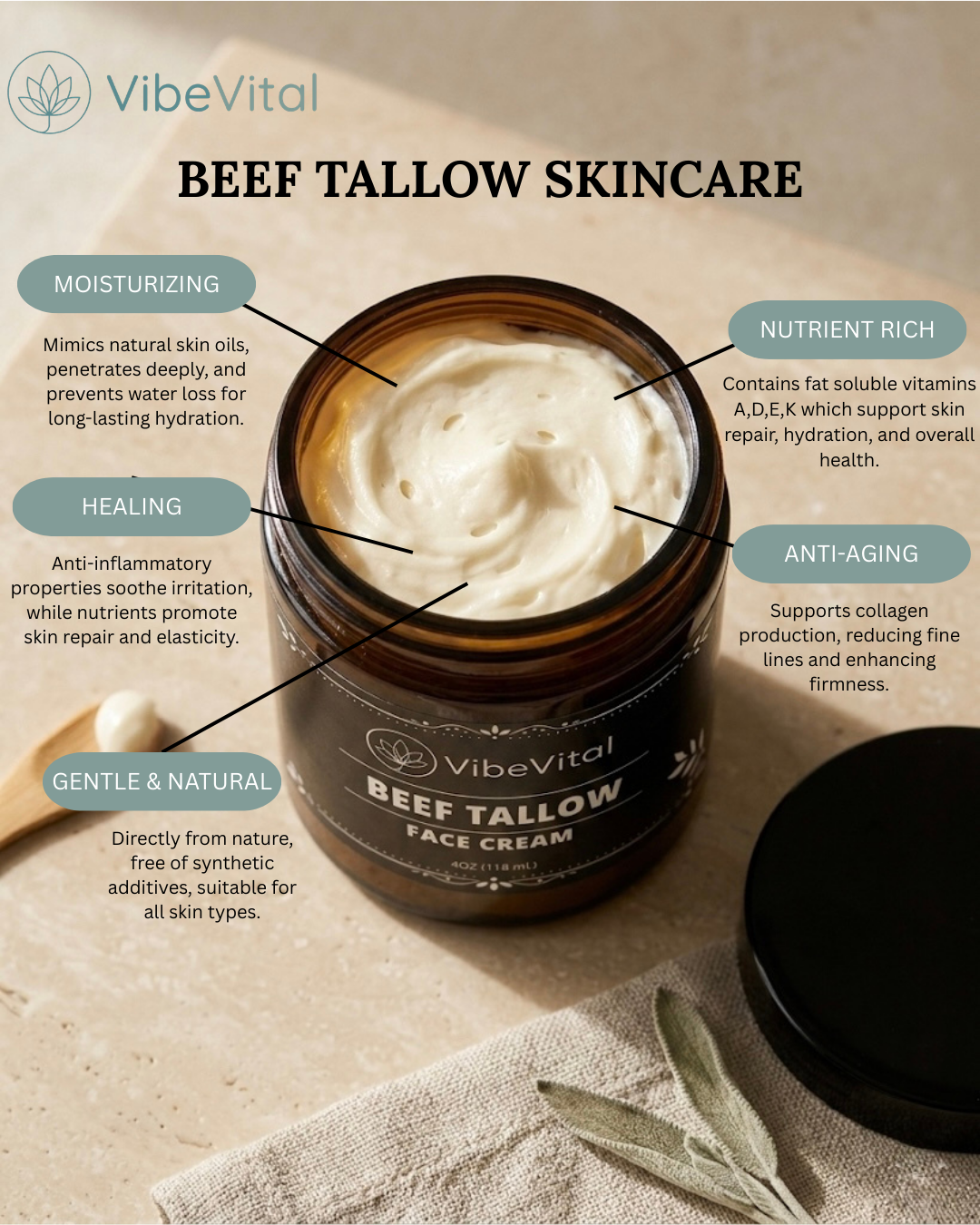 VibeVital Beef Tallow Face Cream for Deep Hydration & Skin Barrier Support